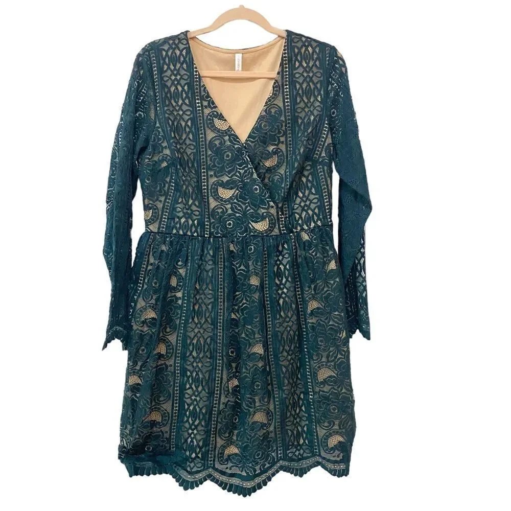 Green Christmas New Years Holliday Lace Bohemian Mini LongSleeved Elegant Dress